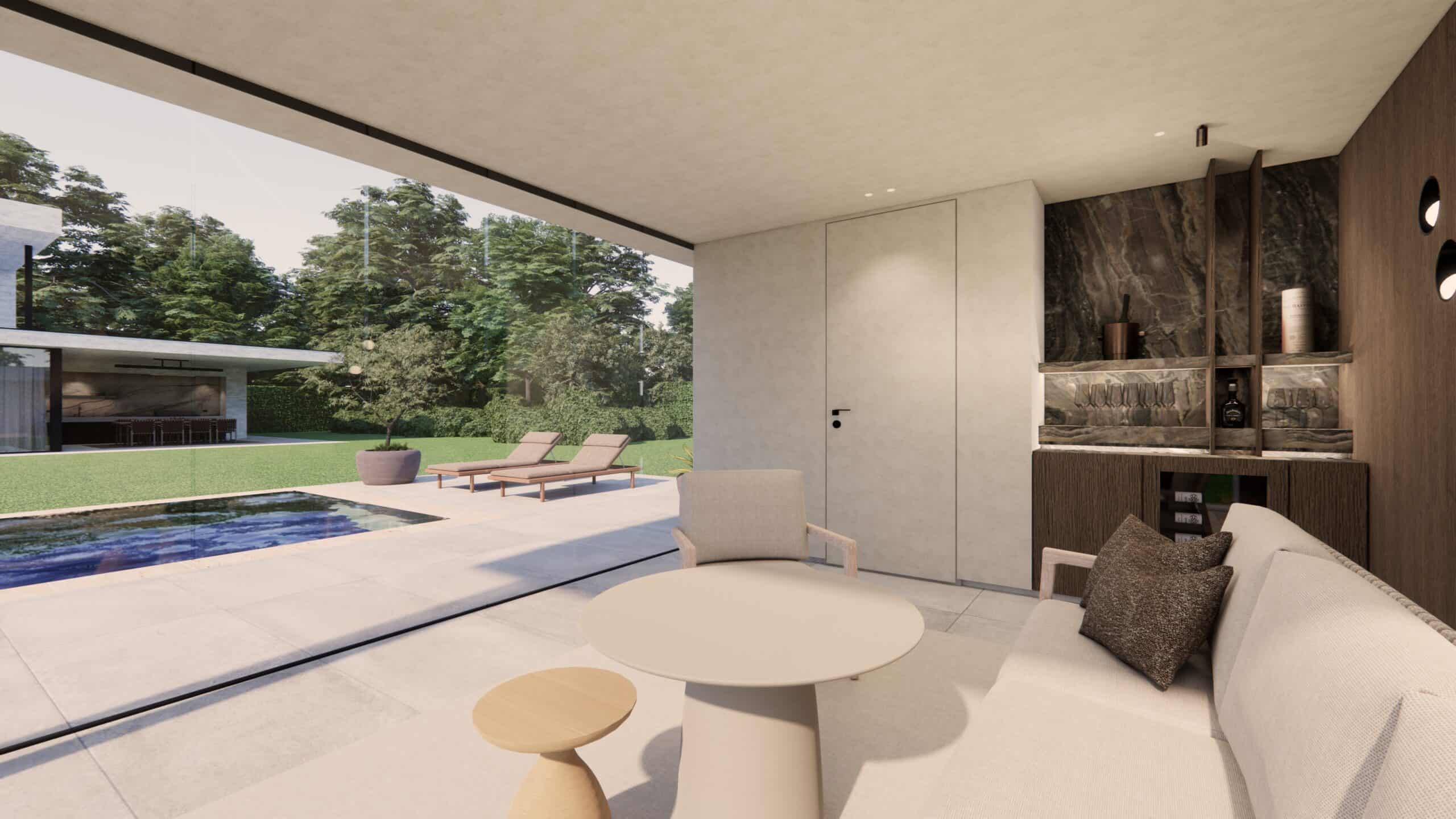 Interieurarchitect België inrichting limburg render zithoek poolhouse